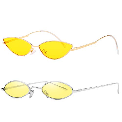 AOOFFIV Vintage Slender Oval Sunglasses Small Metal Frame Candy Colors (Yellow-2pack)