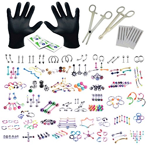 BodyJ4You 156PC Body Piercing Kit Lot 14G 16G Belly Ring Labret Tongue Tragus Random Mix Jewelry
